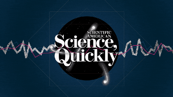 "Science, Quickly" text on a black circle surrounded by white and pink sound waveforms on a blue background
