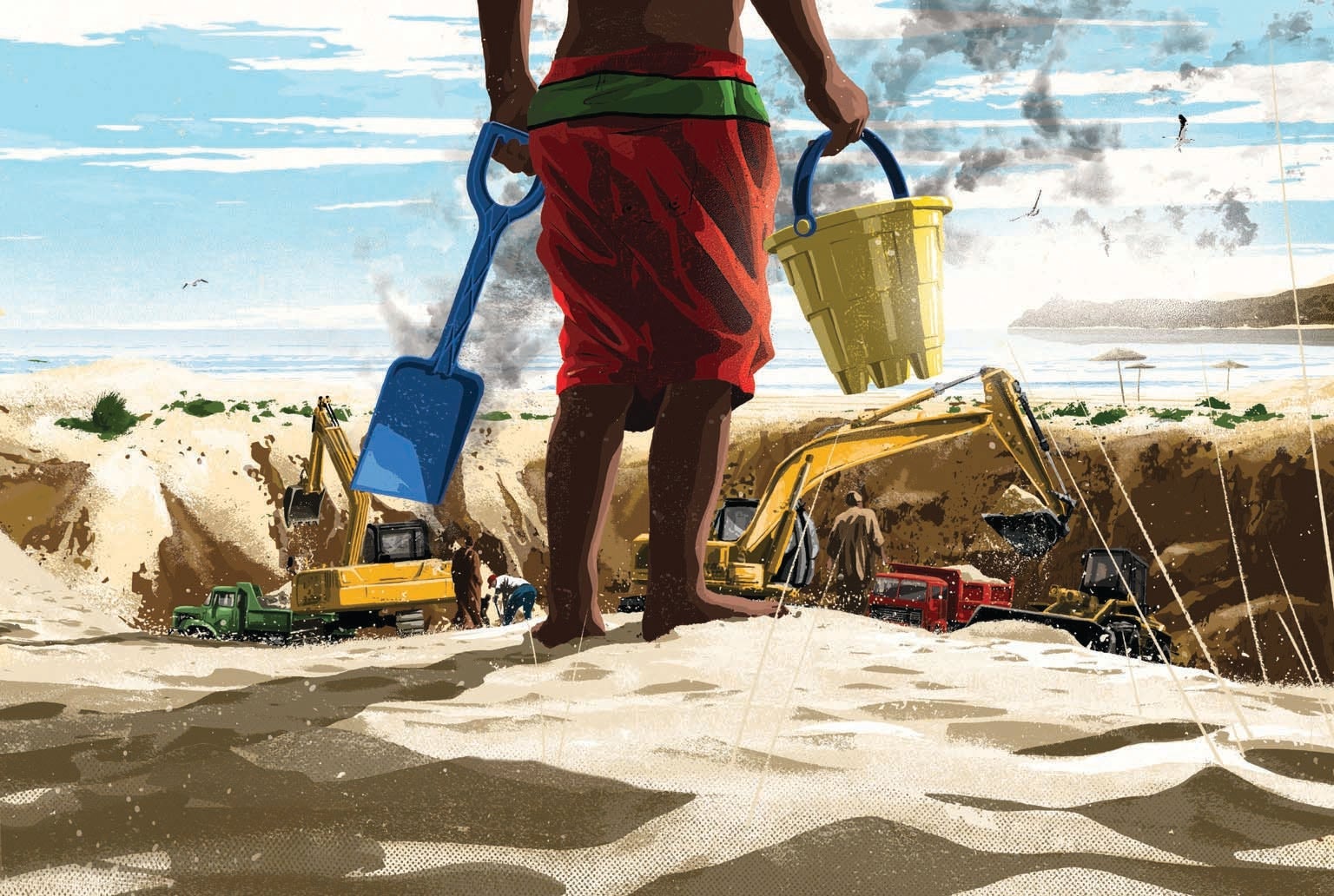 Illustration of a child playing with sand toys at the beach, looking down at a construction team on the beach.