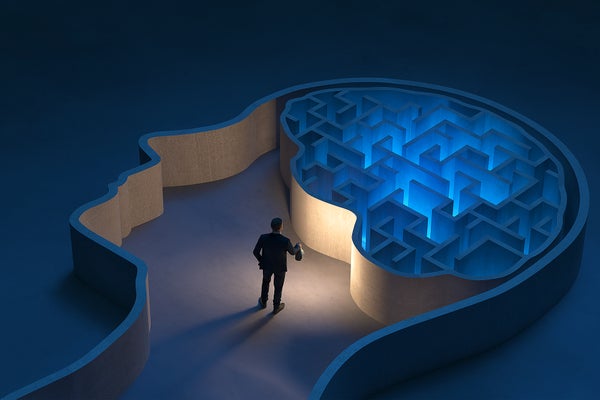 Artist's concept, illustration, a man standing inside the outline in the shape of a human head, shining a flashlight on a brain shaped maze