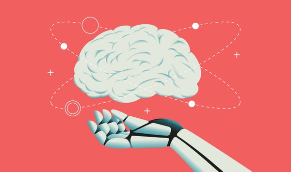 Vector illustration of robot hand holding human brain
