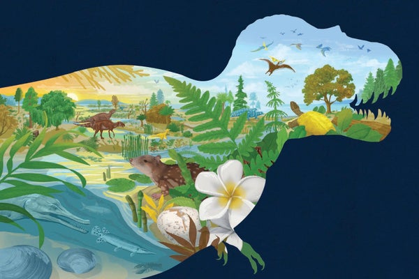 Illustration of a dinosaur shape, with lush vegetation and animals.