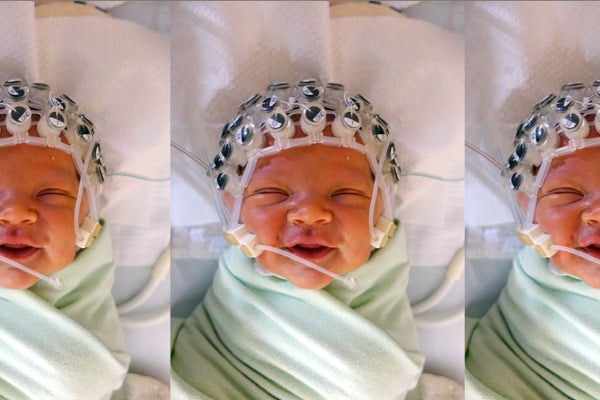 3 frames of same baby wired and participating in listening experiment.